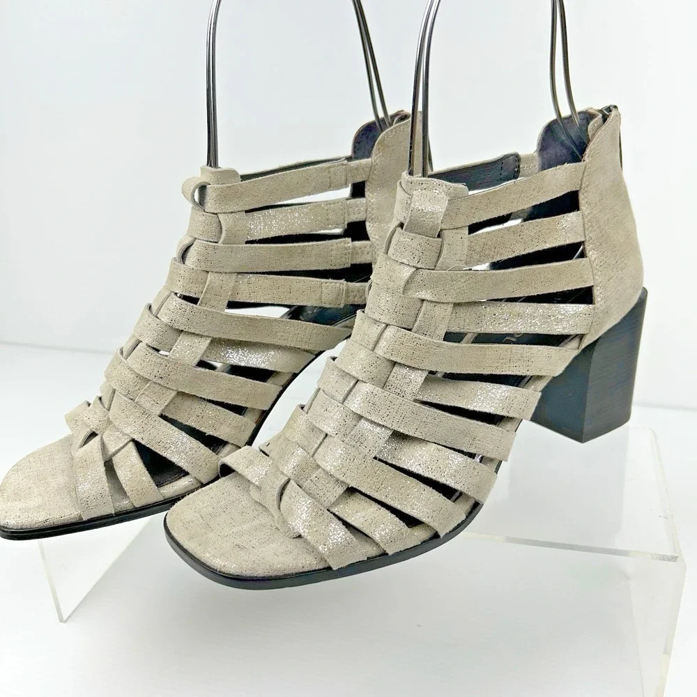 Donald Pliner Size 7.5 Pixee Metallic Suede Heel Sandals NEW Gladiator Cage $149